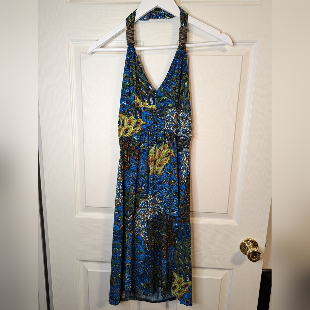 Belize halter neck dress in blue, green and orange print (SIZE TAG MISSING)
